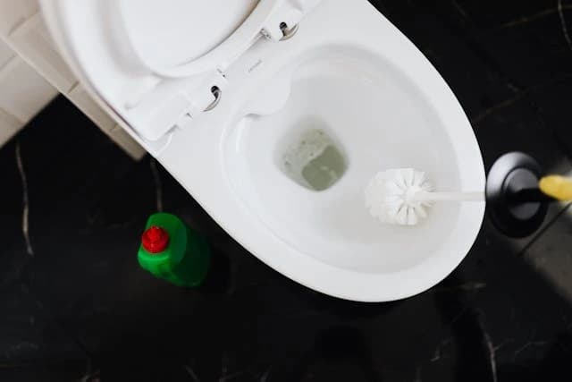 Ein weißes WC mit geöffnetem Deckel wird mit einer Bürste gereinigt. Eine grüne Reinigungsflasche steht daneben auf dem schwarzen Boden.