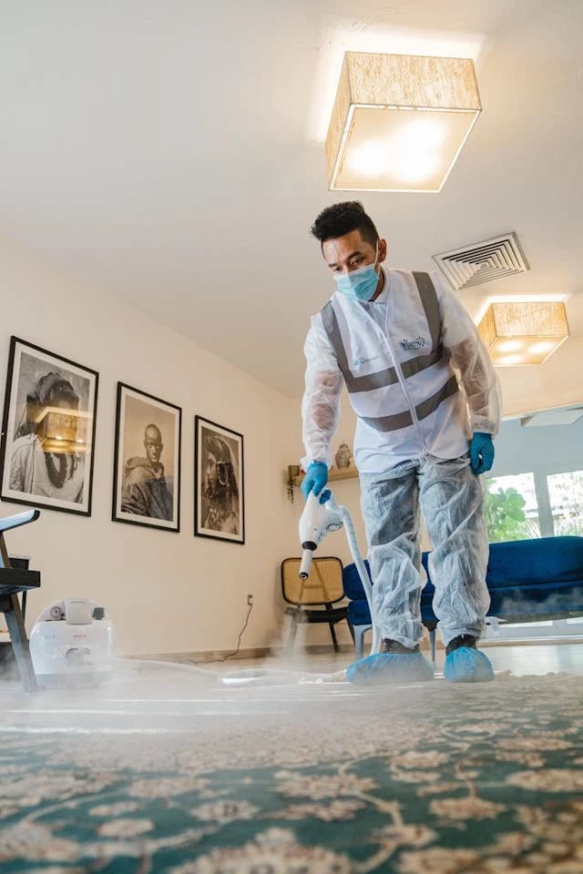 Ein Mann in Schutzkleidung desinfiziert einen Teppich in einem Haus. Er trägt eine Maske und Handschuhe und verwendet ein Desinfektionsgerät.