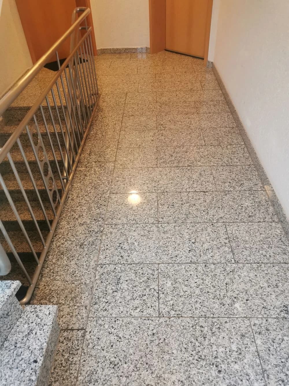 Ein Treppenhaus mit einem silbernen Geländer und einem gefliesten Flur. Die Fliesen sind grau gesprenkelt und der Flur führt zu einer Tür.